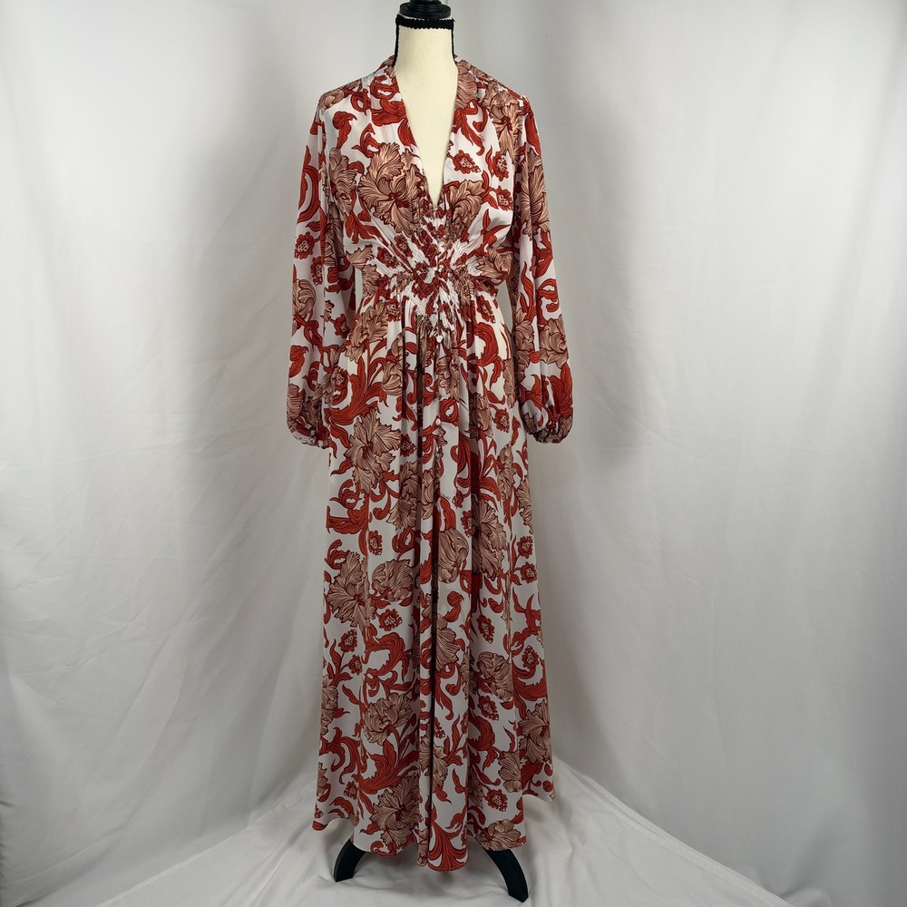 La DoubleJ Long Camerino Dress Womens Size M Silk Floral Smocked Maxi